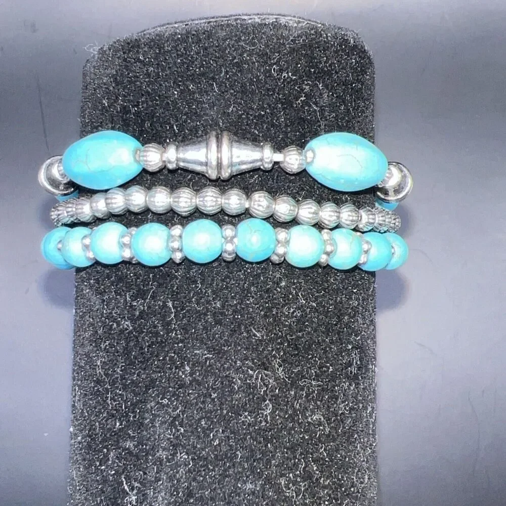 Bracelet Silver Stretch Bangle Multi Layering Blue Boho Western Turquoise - Picture 5 of 10